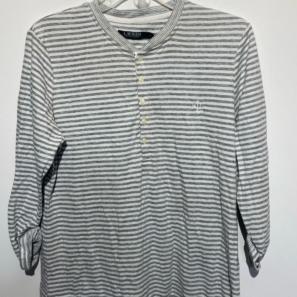 Lauren Ralph Lauren Women's Gray White Stripe Cotton Blend Henley sleepwear Larg